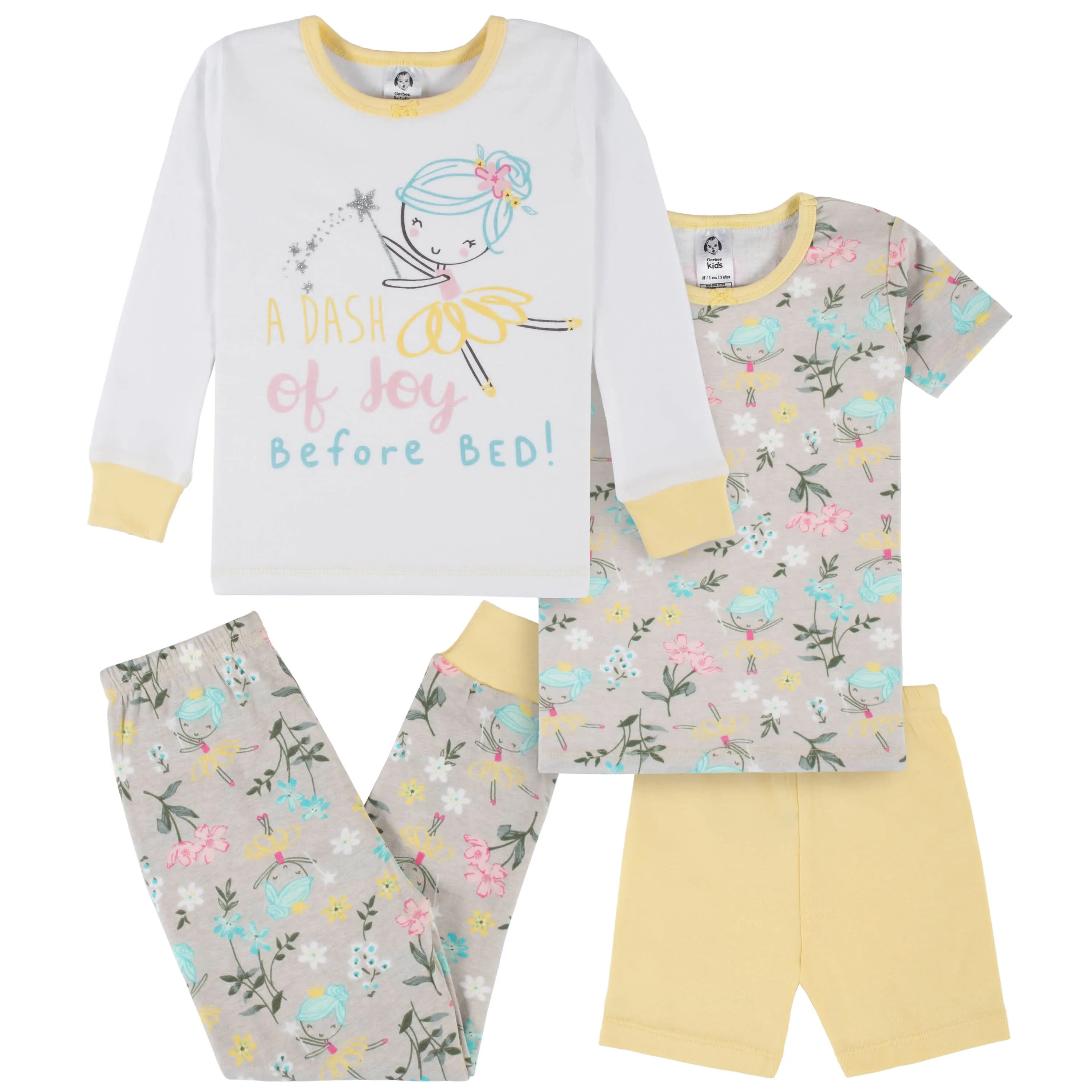 4-Piece Infant & Toddler Girls Yellow Garden Snug Fit Cotton Pajamas