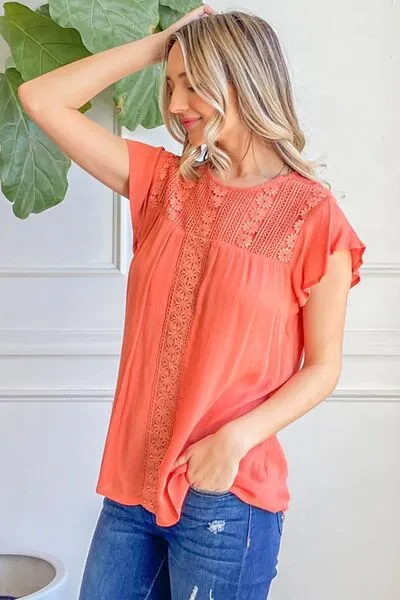 And The Why Coral Lace Detail Ruffle Short Sleeve Blouse