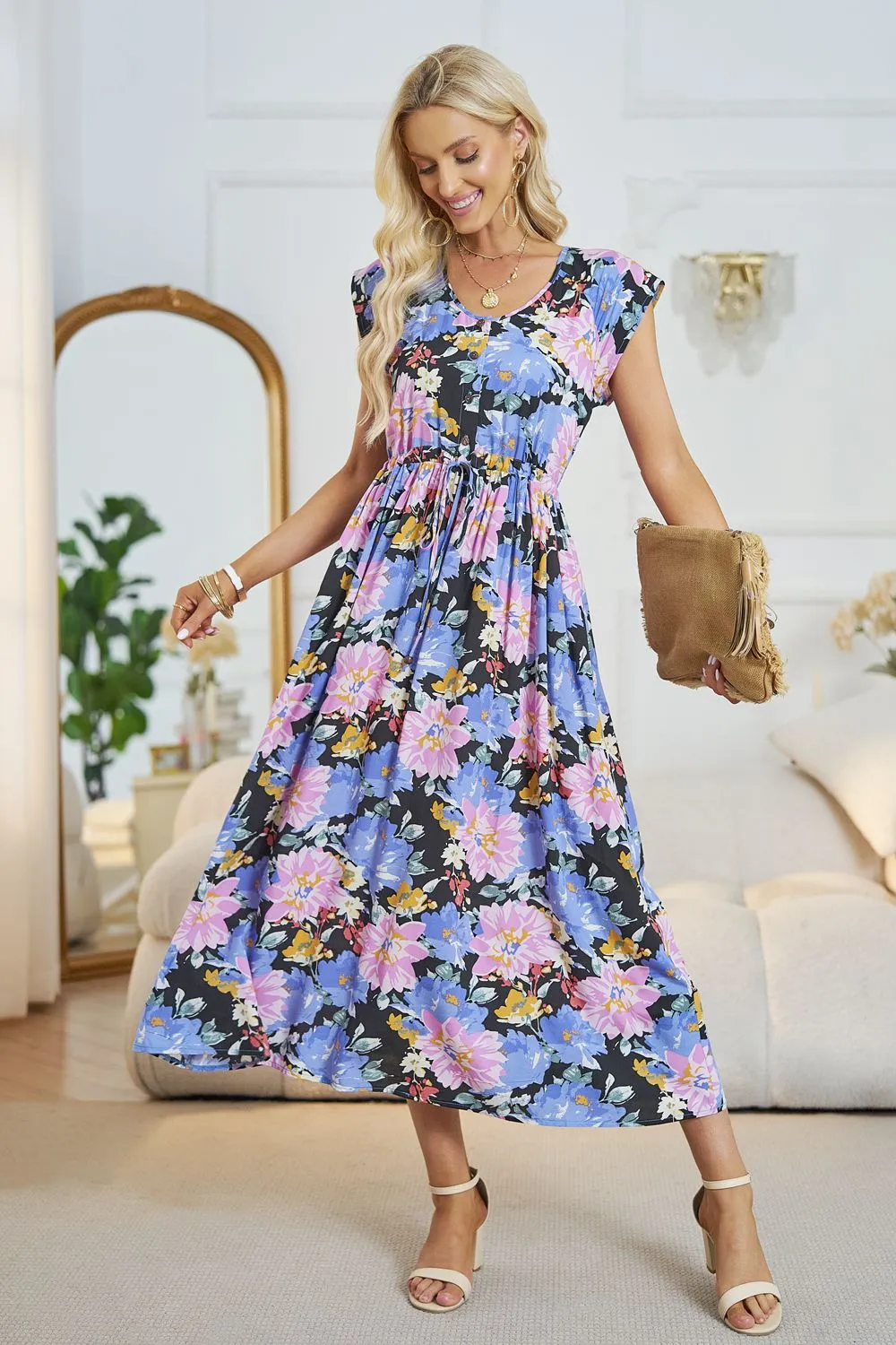 *APP EXCLUSIVE* Floral Vneck A-Line Midi Dress