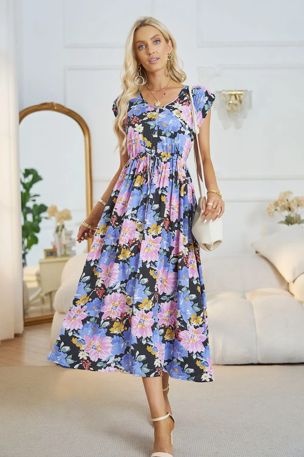 *APP EXCLUSIVE* Floral Vneck A-Line Midi Dress