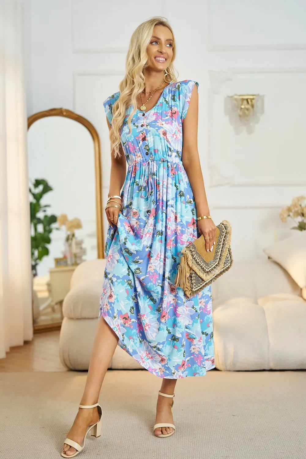 *APP EXCLUSIVE* Floral Vneck A-Line Midi Dress