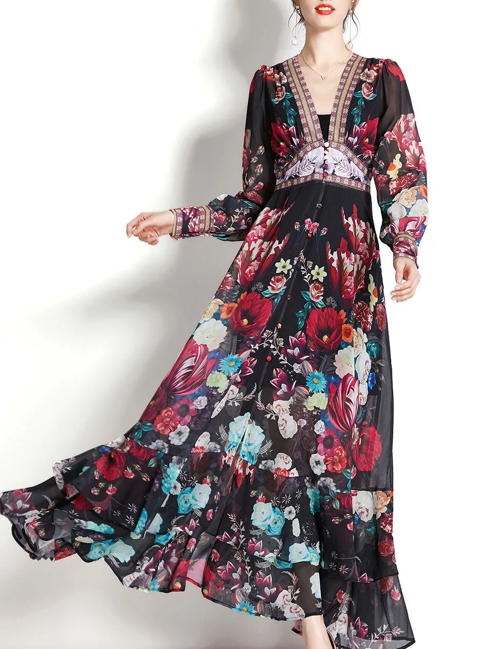 Apricot V Neck Lantern Sleeve Bohemian Dress Maxi Dress