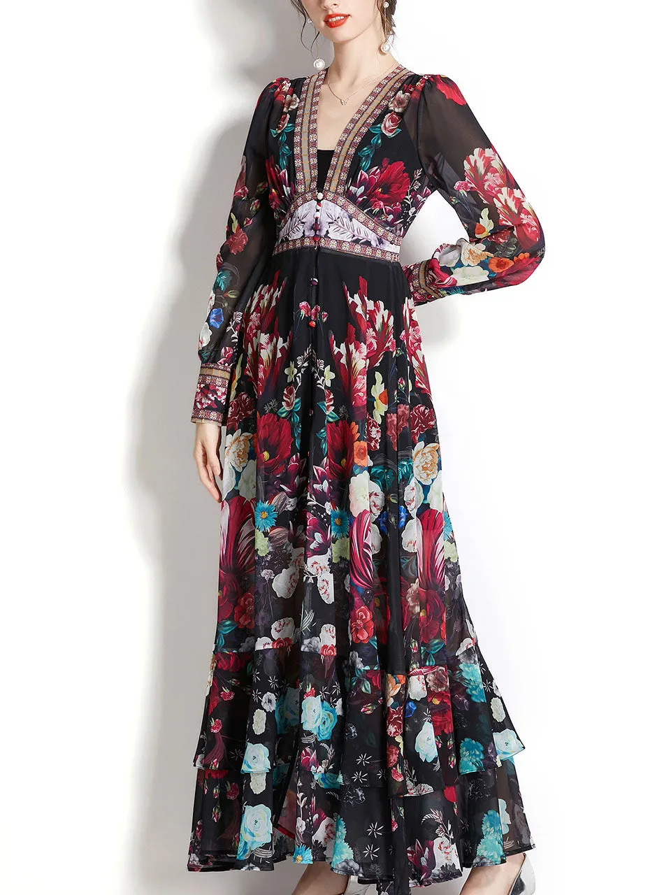Apricot V Neck Lantern Sleeve Bohemian Dress Maxi Dress