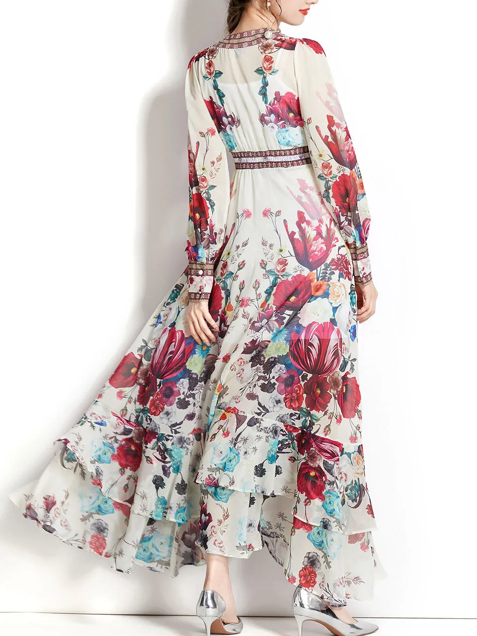 Apricot V Neck Lantern Sleeve Bohemian Dress Maxi Dress