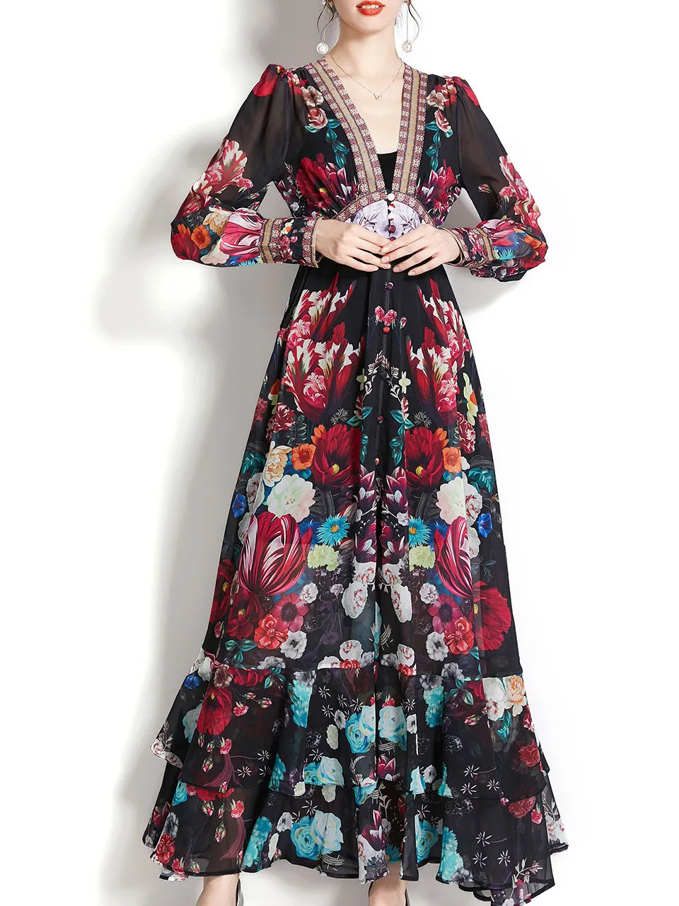 Apricot V Neck Lantern Sleeve Bohemian Dress Maxi Dress