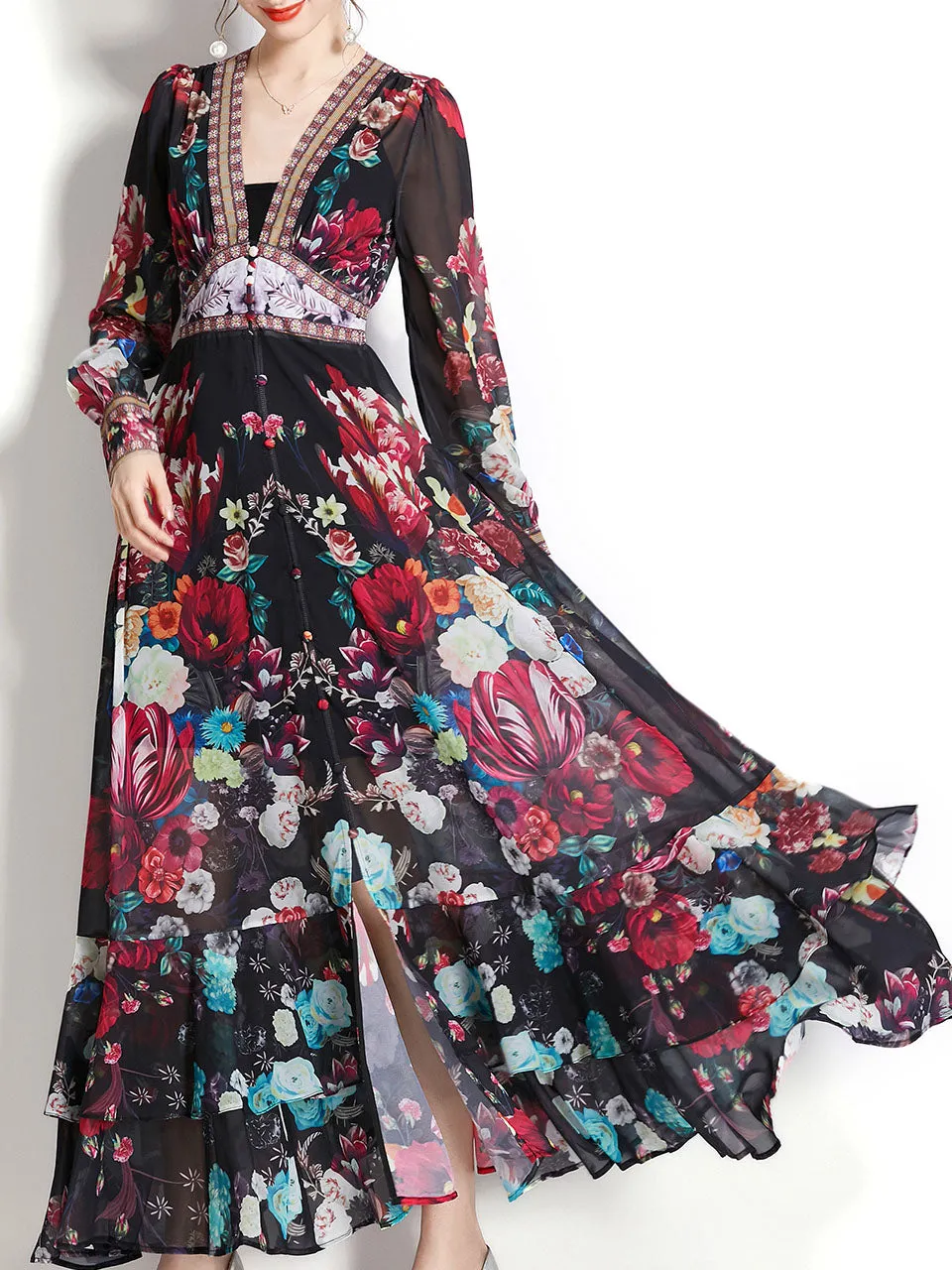 Apricot V Neck Lantern Sleeve Bohemian Dress Maxi Dress