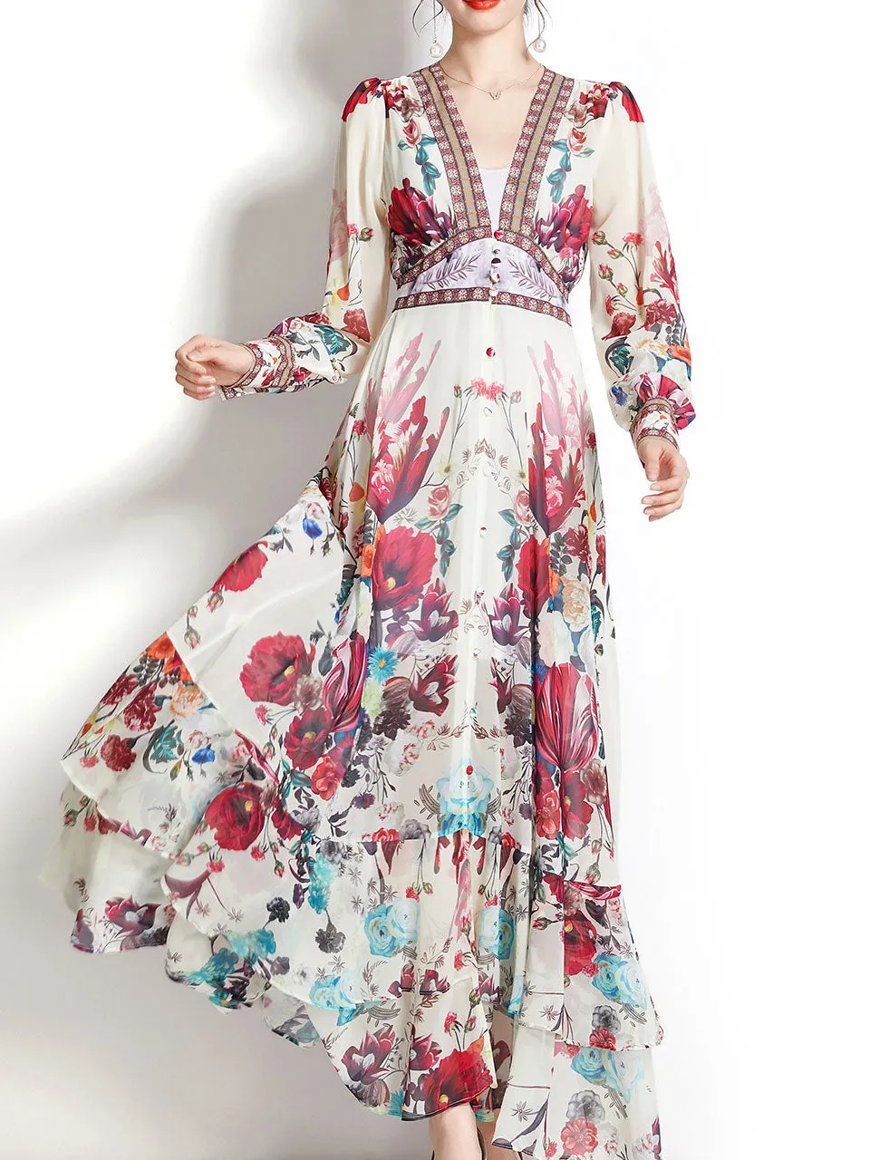 Apricot V Neck Lantern Sleeve Bohemian Dress Maxi Dress