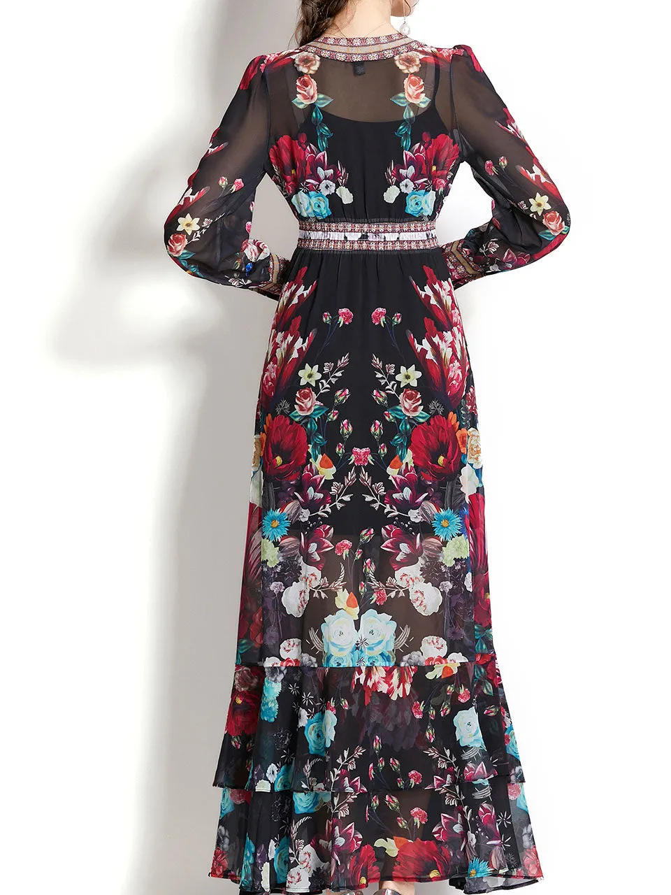 Apricot V Neck Lantern Sleeve Bohemian Dress Maxi Dress