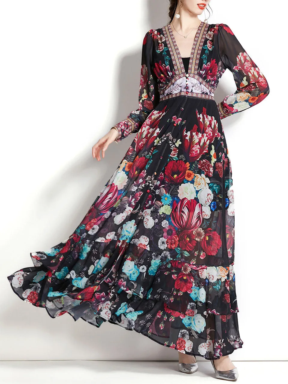 Apricot V Neck Lantern Sleeve Bohemian Dress Maxi Dress