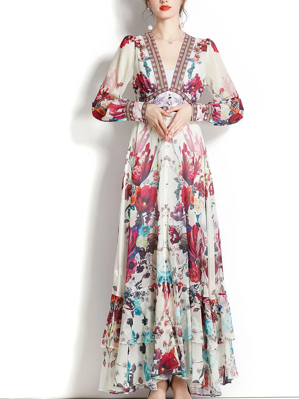 Apricot V Neck Lantern Sleeve Bohemian Dress Maxi Dress