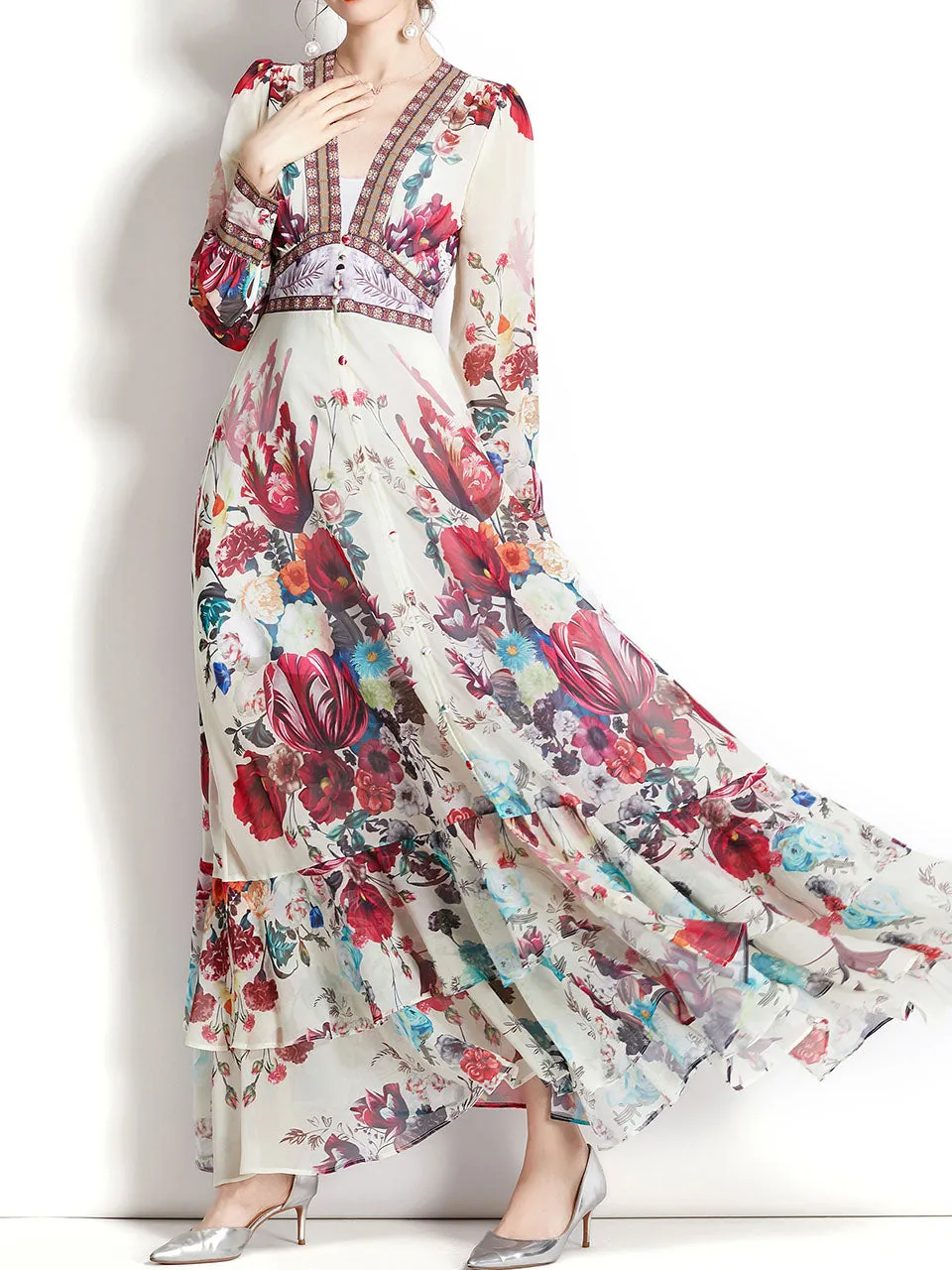 Apricot V Neck Lantern Sleeve Bohemian Dress Maxi Dress