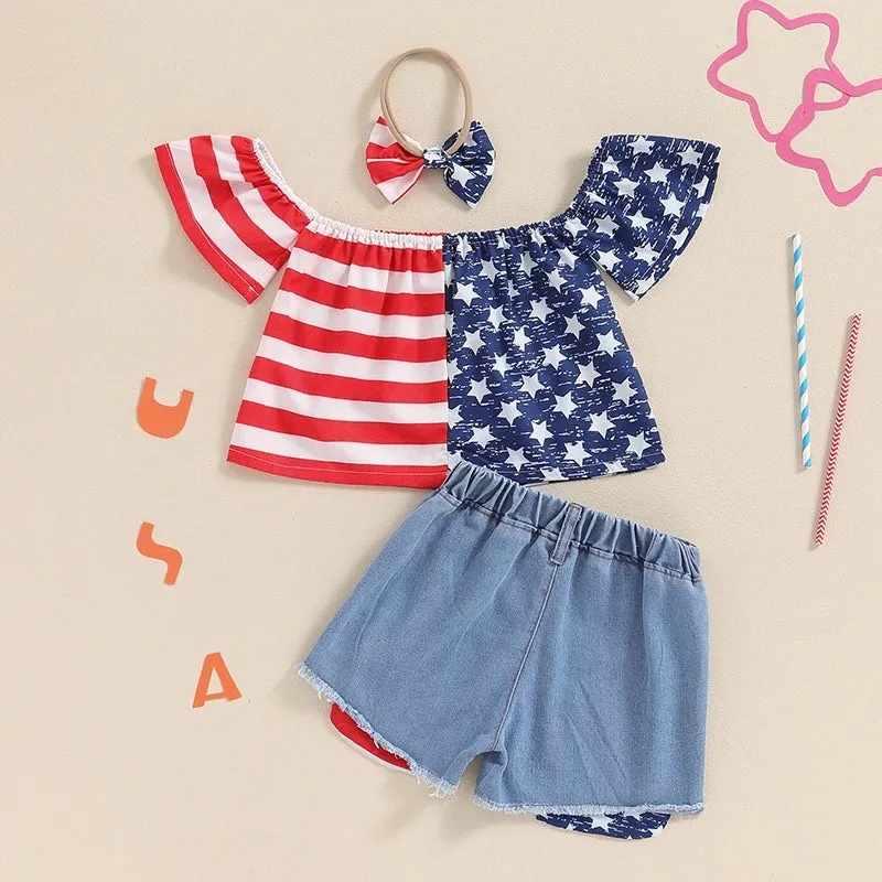Baby Girls Outfit Tops Denim Shorts July 4th Clothes with Headband