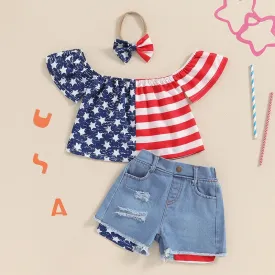 Baby Girls Outfit Tops Denim Shorts July 4th Clothes with Headband