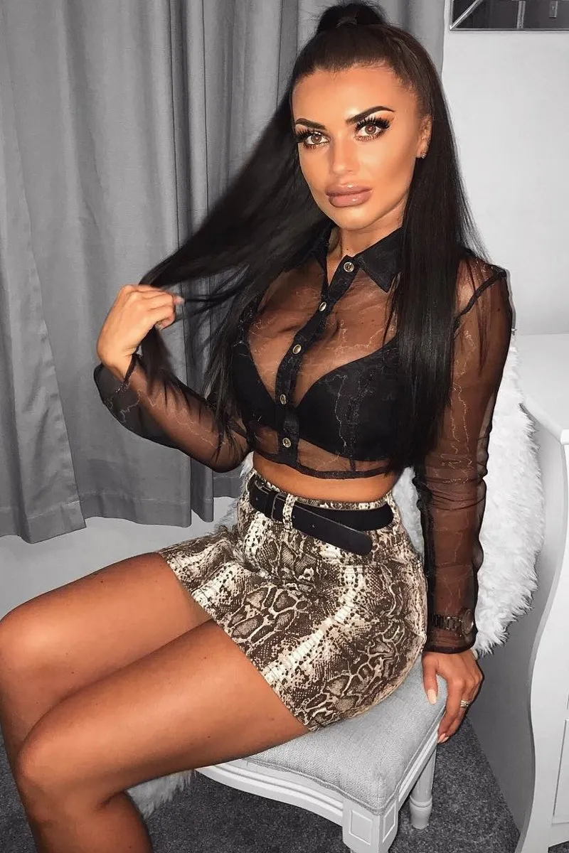 Black Sheer Button Front Crop Blouse - Damari