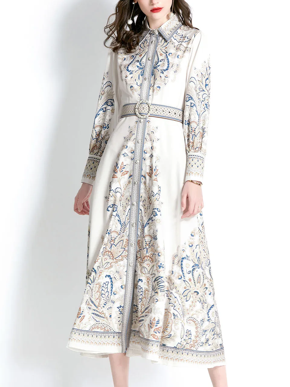 Black Turndown Collar Floral Printed Boho Dress Maxi Dress