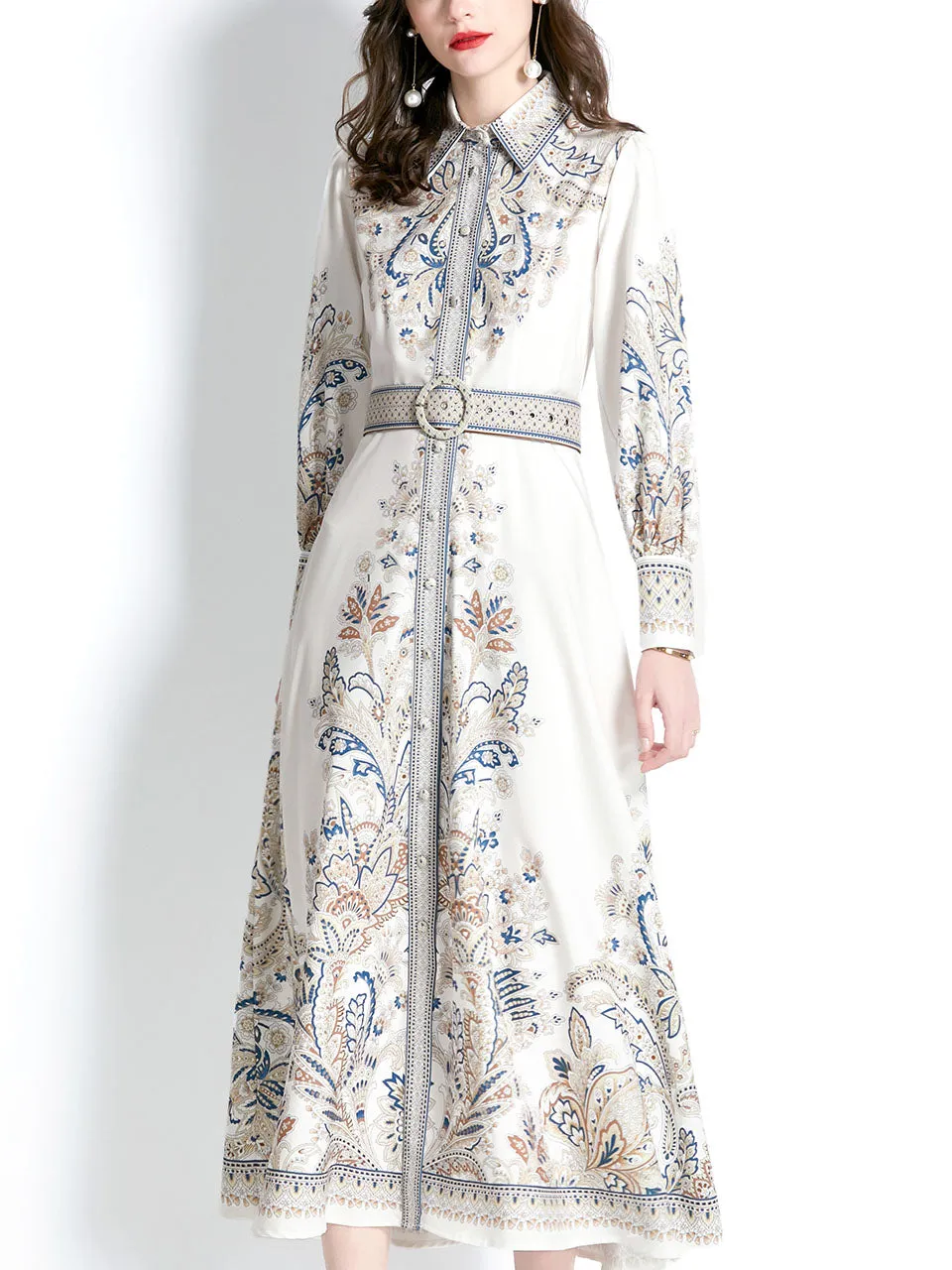 Black Turndown Collar Floral Printed Boho Dress Maxi Dress
