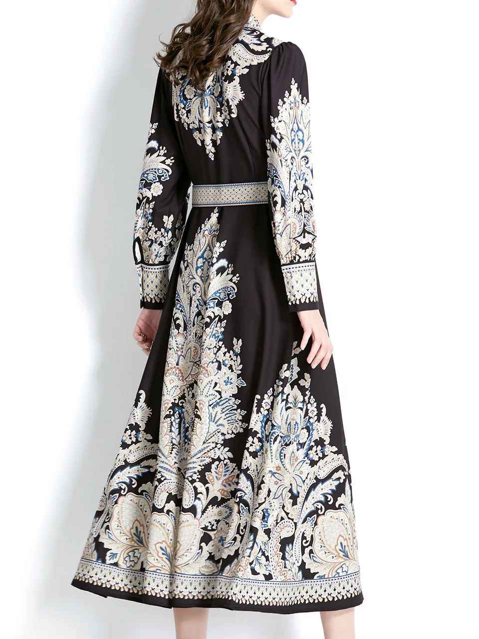 Black Turndown Collar Floral Printed Boho Dress Maxi Dress