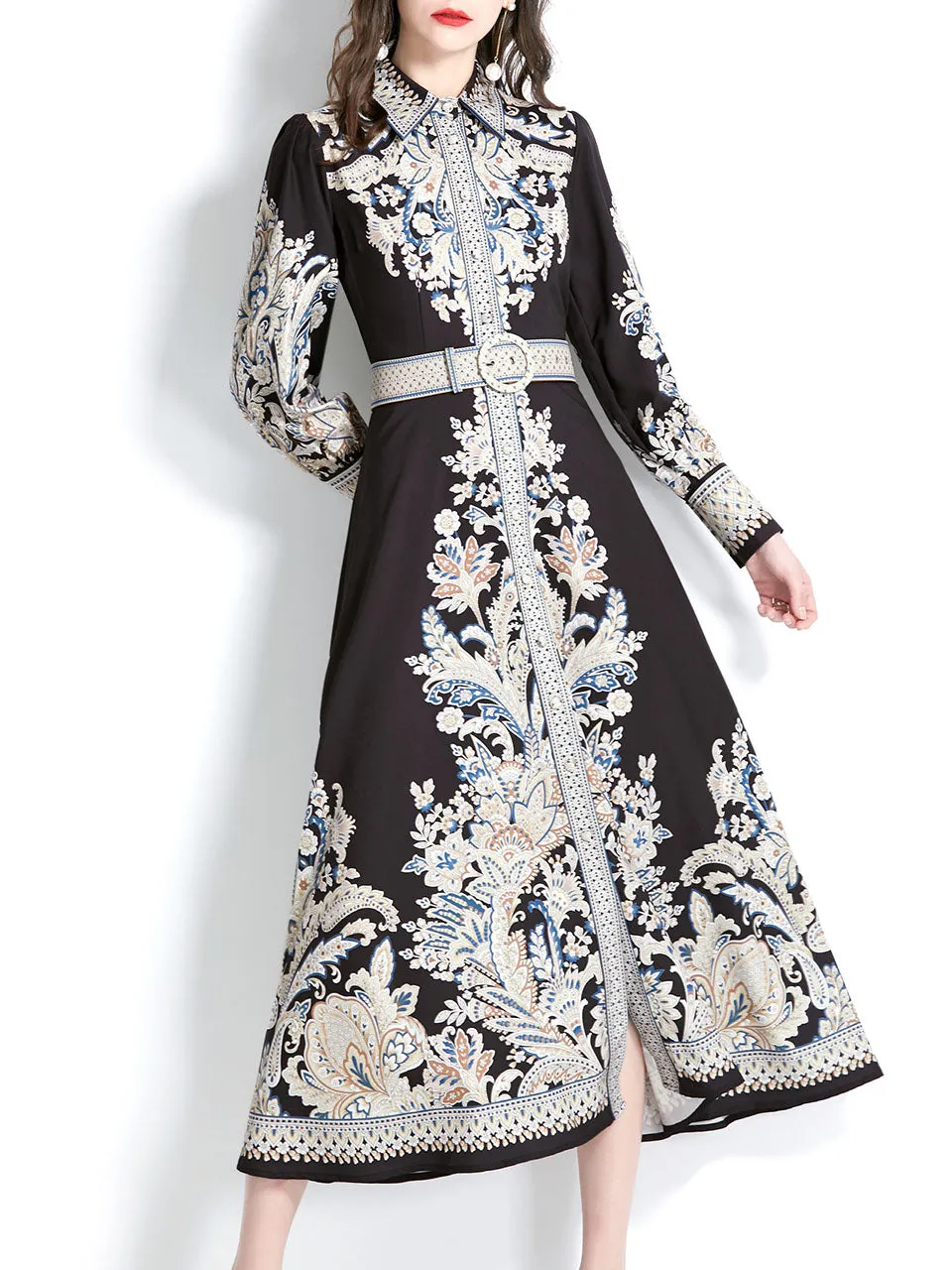 Black Turndown Collar Floral Printed Boho Dress Maxi Dress