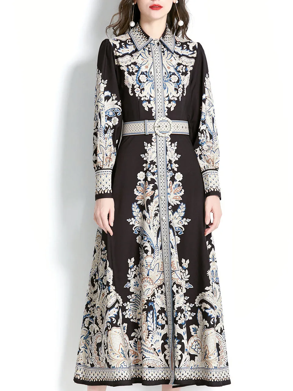 Black Turndown Collar Floral Printed Boho Dress Maxi Dress