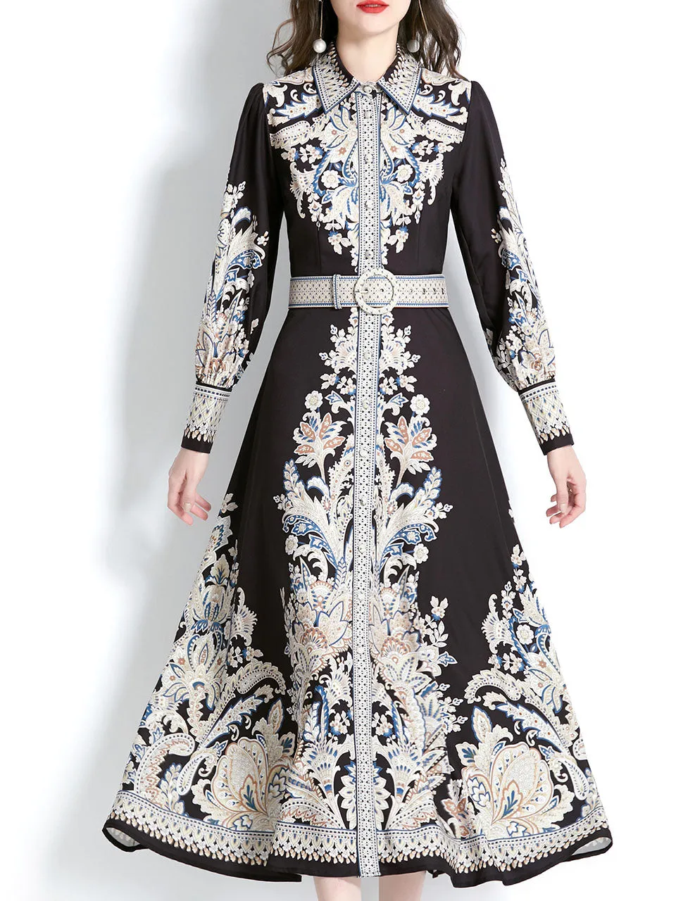 Black Turndown Collar Floral Printed Boho Dress Maxi Dress