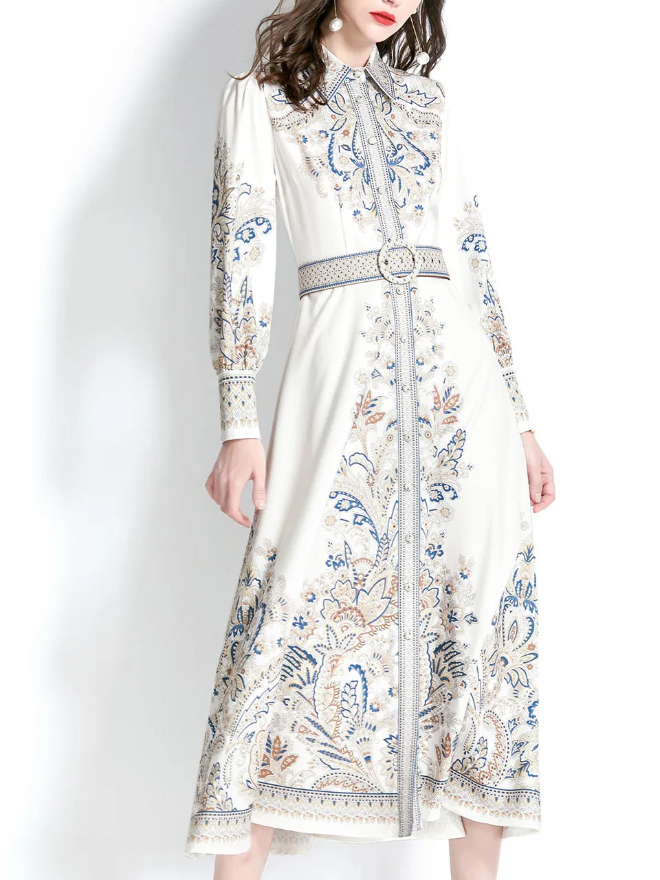 Black Turndown Collar Floral Printed Boho Dress Maxi Dress
