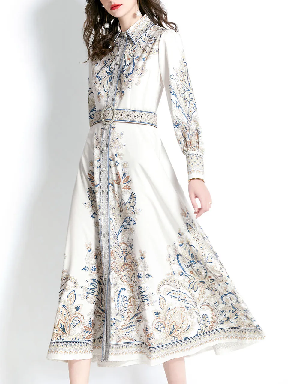 Black Turndown Collar Floral Printed Boho Dress Maxi Dress
