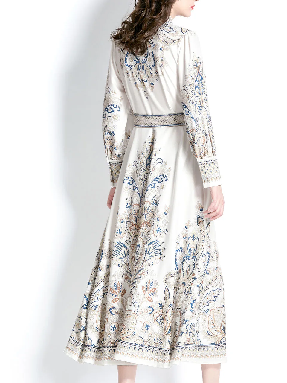 Black Turndown Collar Floral Printed Boho Dress Maxi Dress