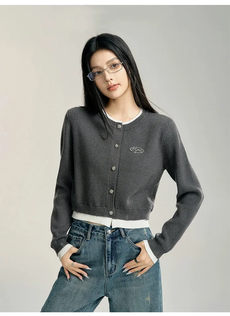 Blue & Gray Color-blocked Cropped Cardigan