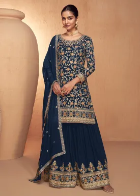 Blue Real Chinnon Embroidered Wedding Festive Palazzo Suit