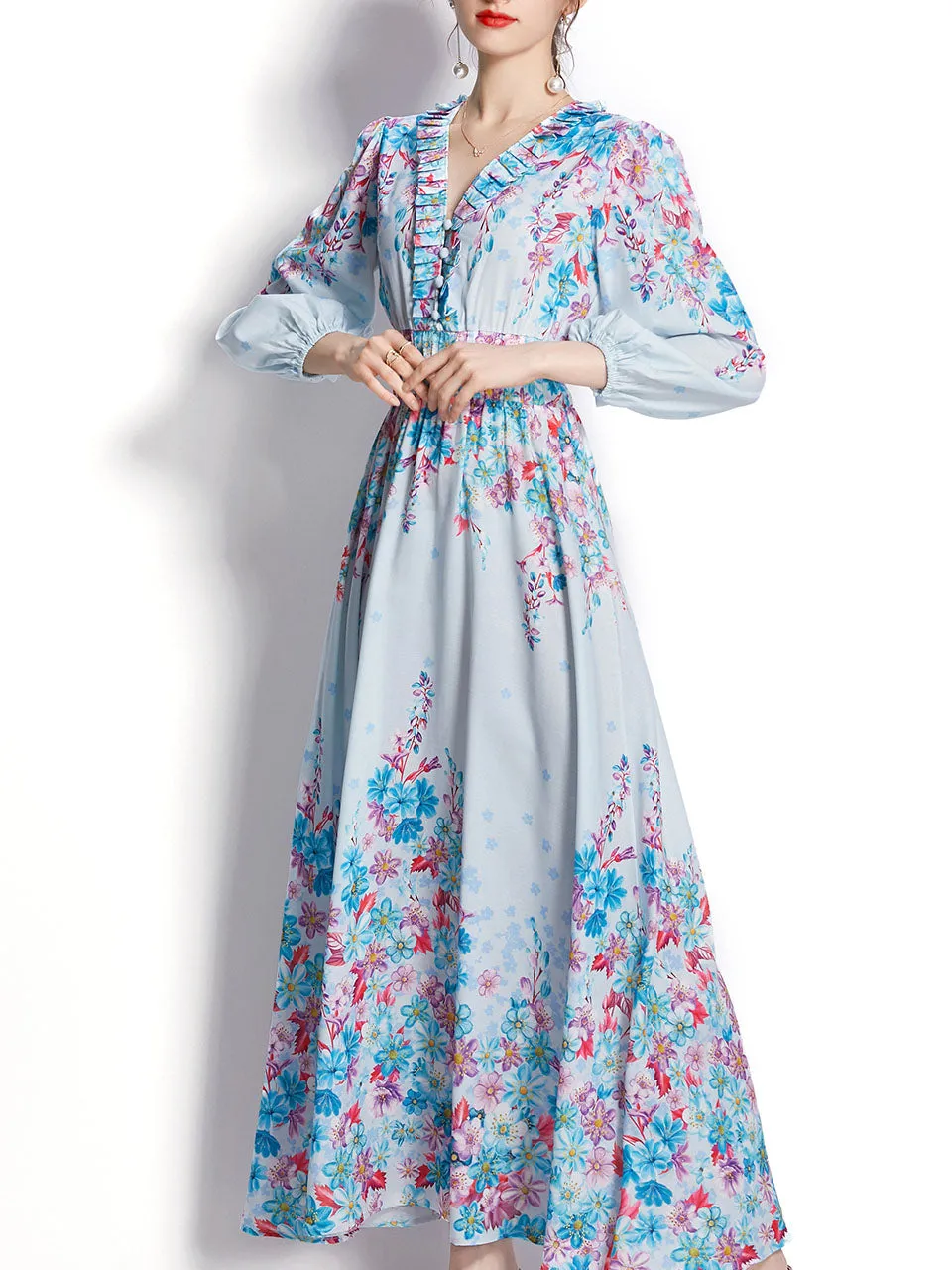 Blue V Neck Floral Print Trumpet Sleeve Bohemian Dress Maxi Dress
