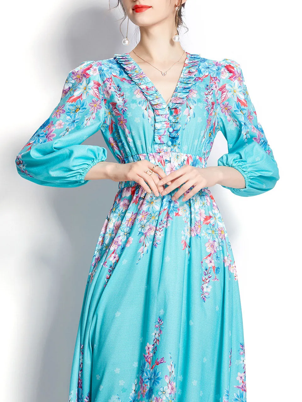 Blue V Neck Floral Print Trumpet Sleeve Bohemian Dress Maxi Dress
