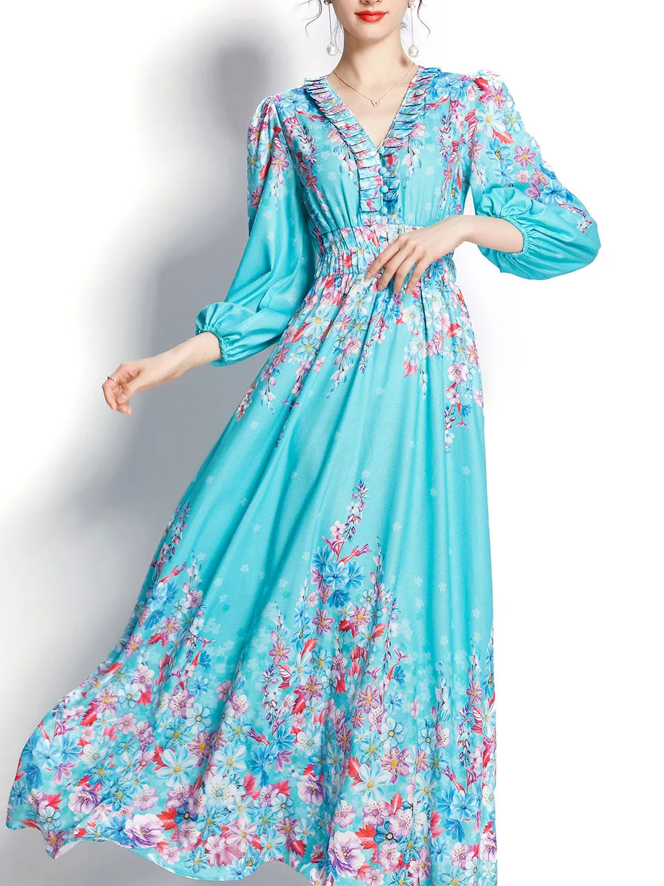 Blue V Neck Floral Print Trumpet Sleeve Bohemian Dress Maxi Dress