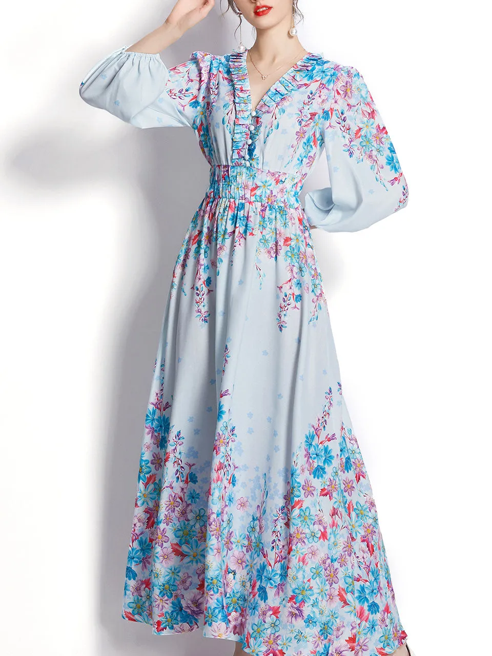 Blue V Neck Floral Print Trumpet Sleeve Bohemian Dress Maxi Dress