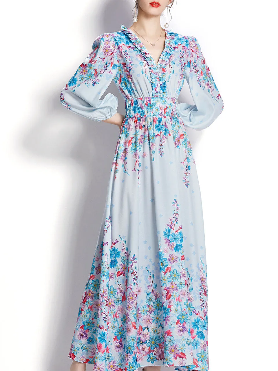 Blue V Neck Floral Print Trumpet Sleeve Bohemian Dress Maxi Dress