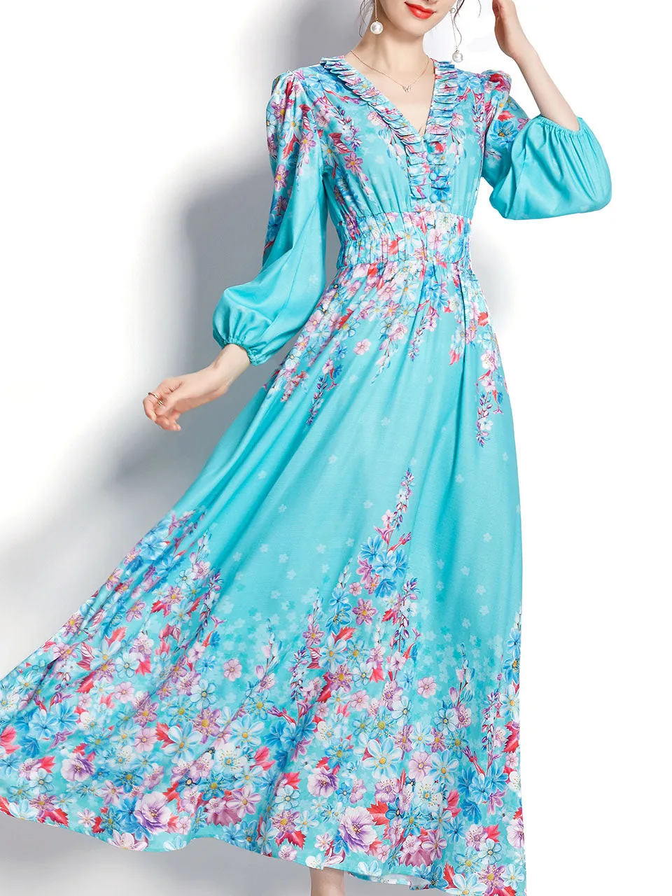 Blue V Neck Floral Print Trumpet Sleeve Bohemian Dress Maxi Dress