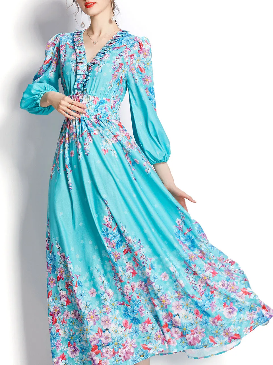 Blue V Neck Floral Print Trumpet Sleeve Bohemian Dress Maxi Dress