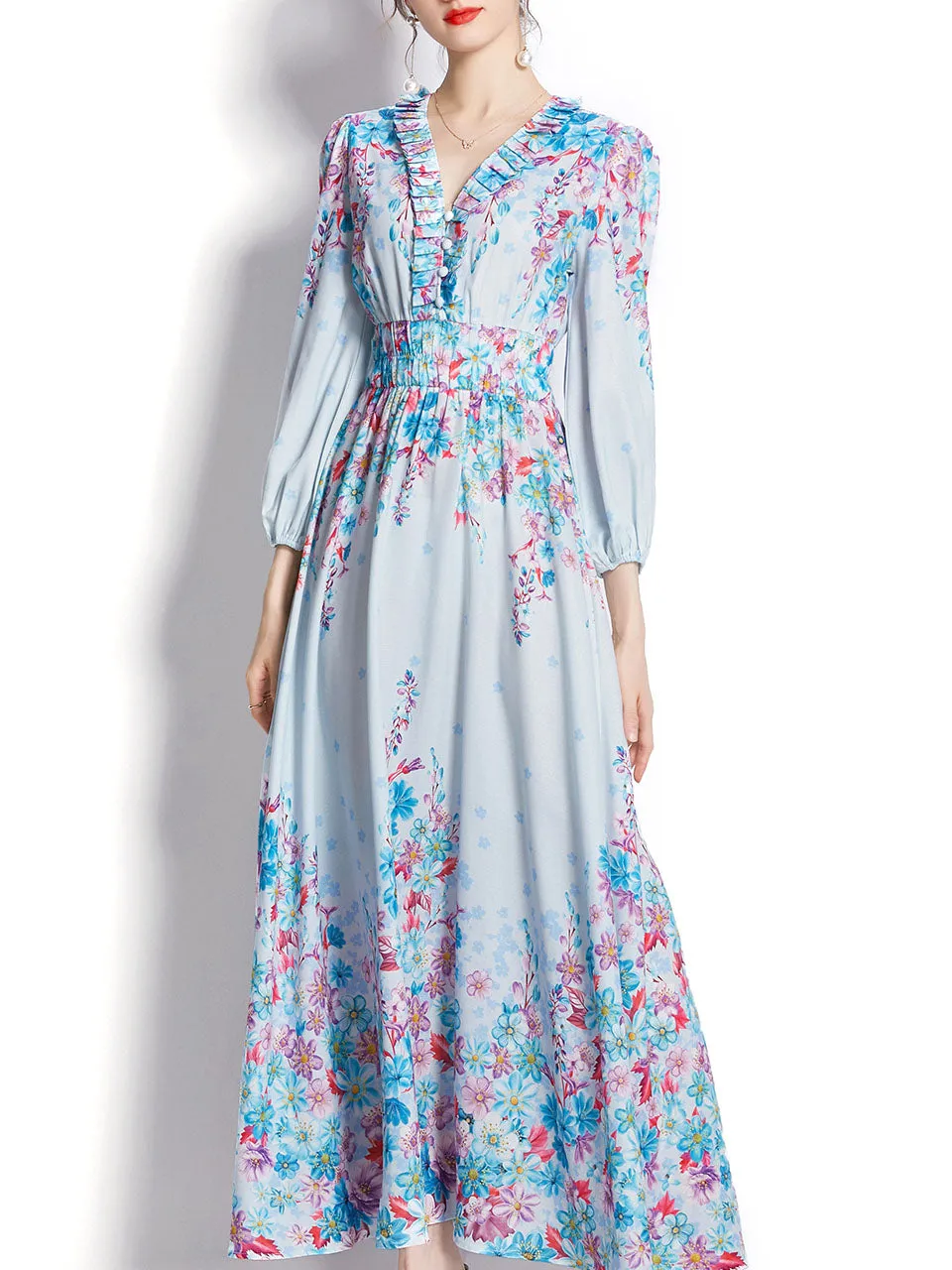 Blue V Neck Floral Print Trumpet Sleeve Bohemian Dress Maxi Dress