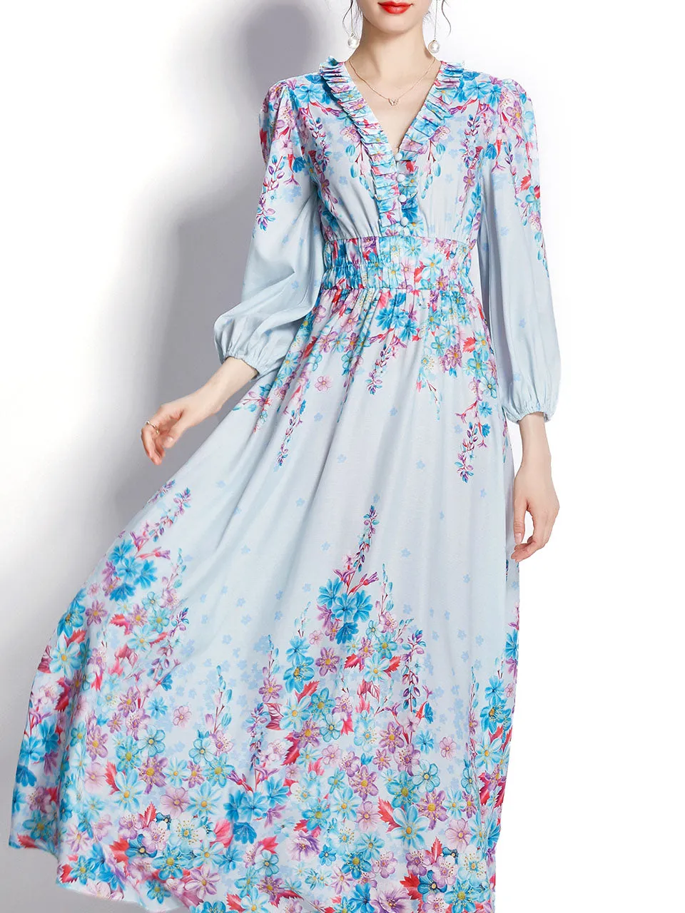 Blue V Neck Floral Print Trumpet Sleeve Bohemian Dress Maxi Dress