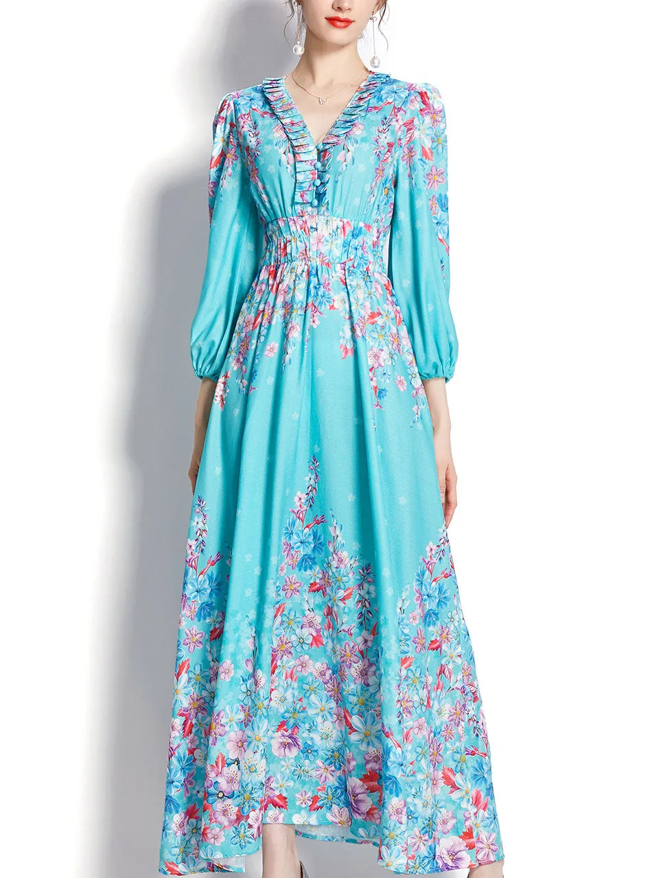 Blue V Neck Floral Print Trumpet Sleeve Bohemian Dress Maxi Dress