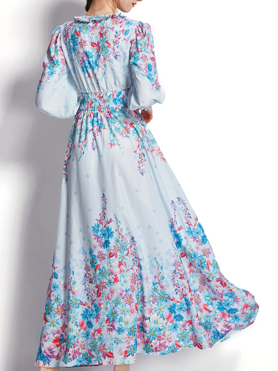 Blue V Neck Floral Print Trumpet Sleeve Bohemian Dress Maxi Dress