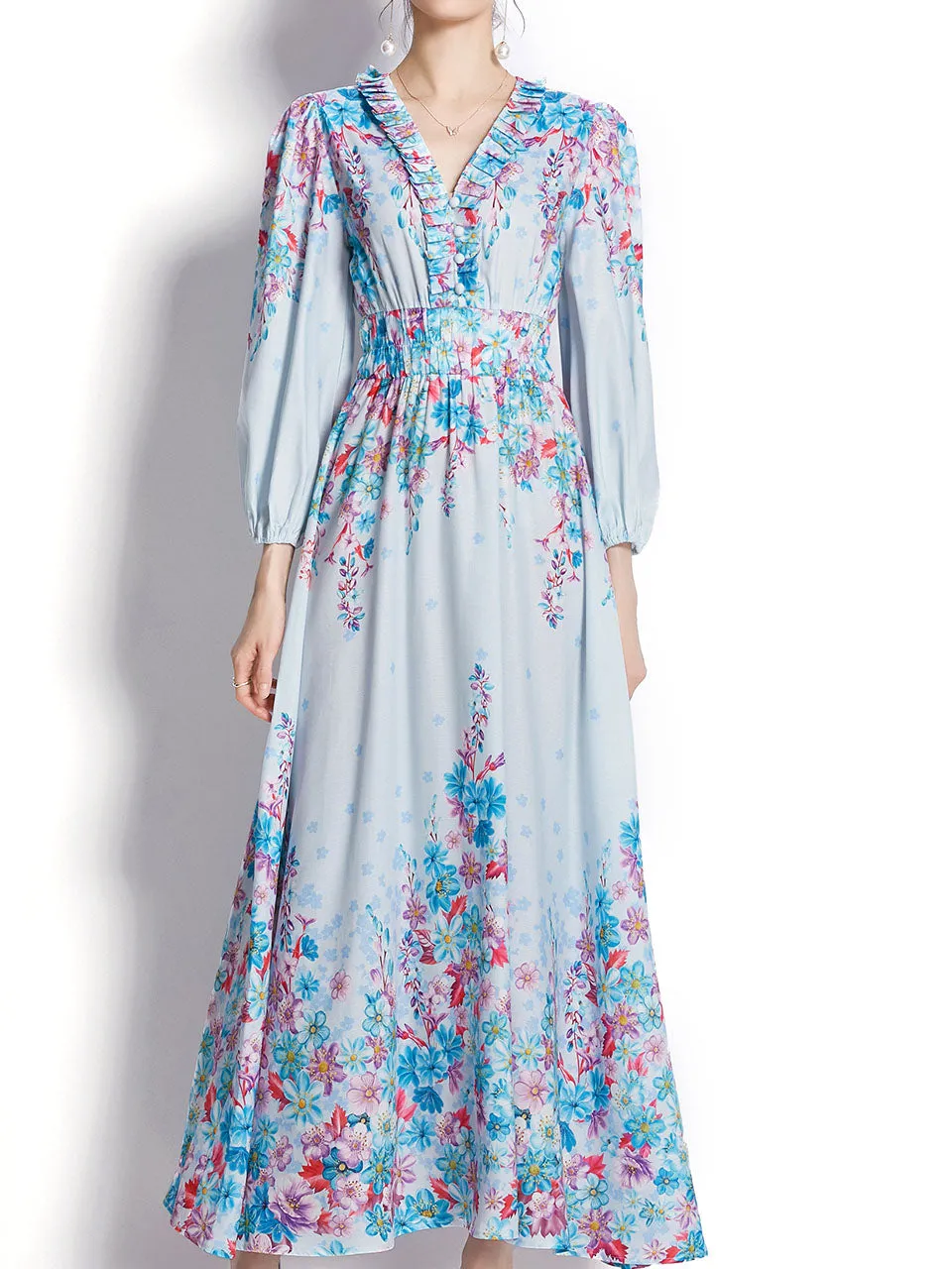 Blue V Neck Floral Print Trumpet Sleeve Bohemian Dress Maxi Dress