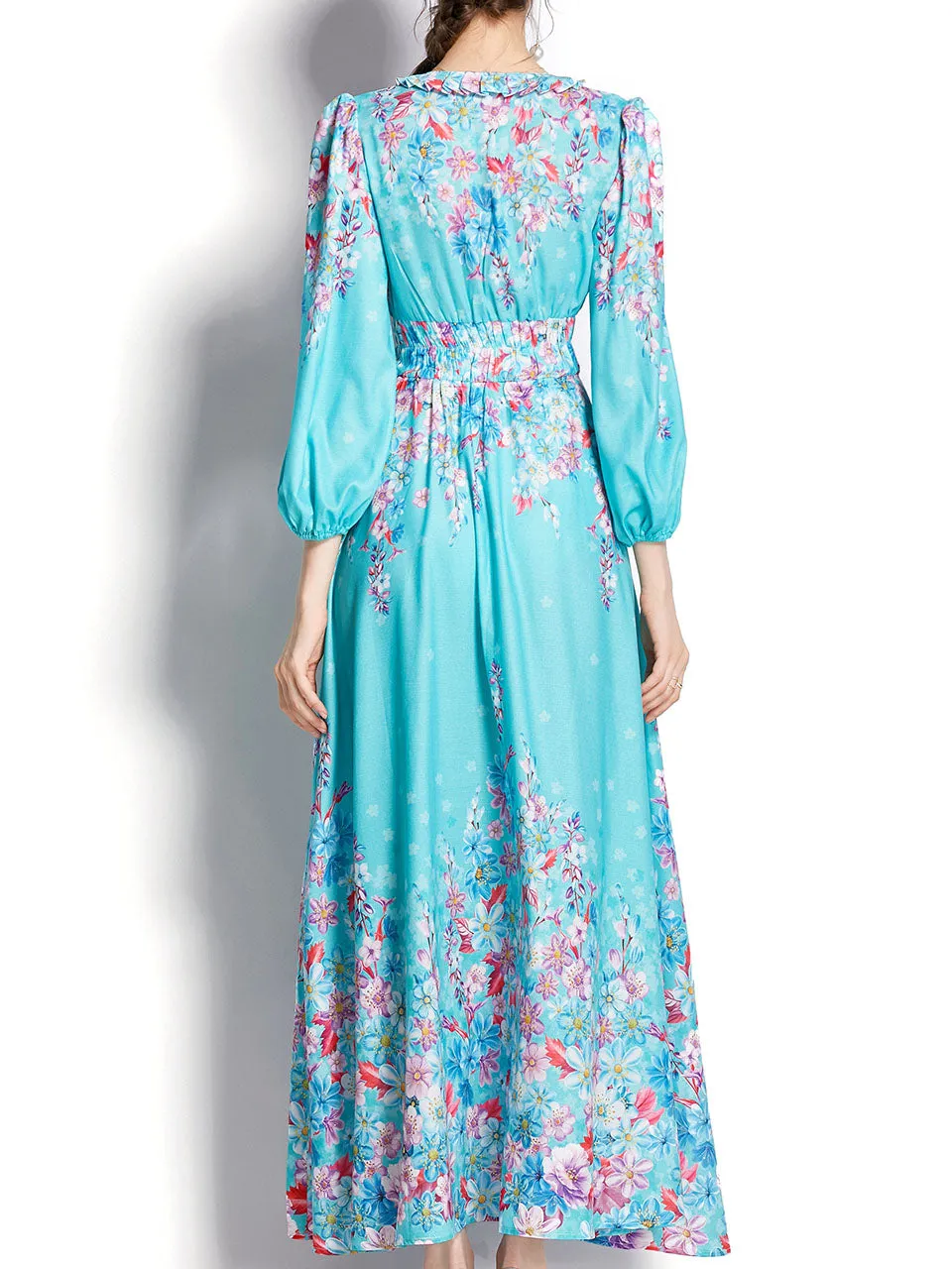 Blue V Neck Floral Print Trumpet Sleeve Bohemian Dress Maxi Dress