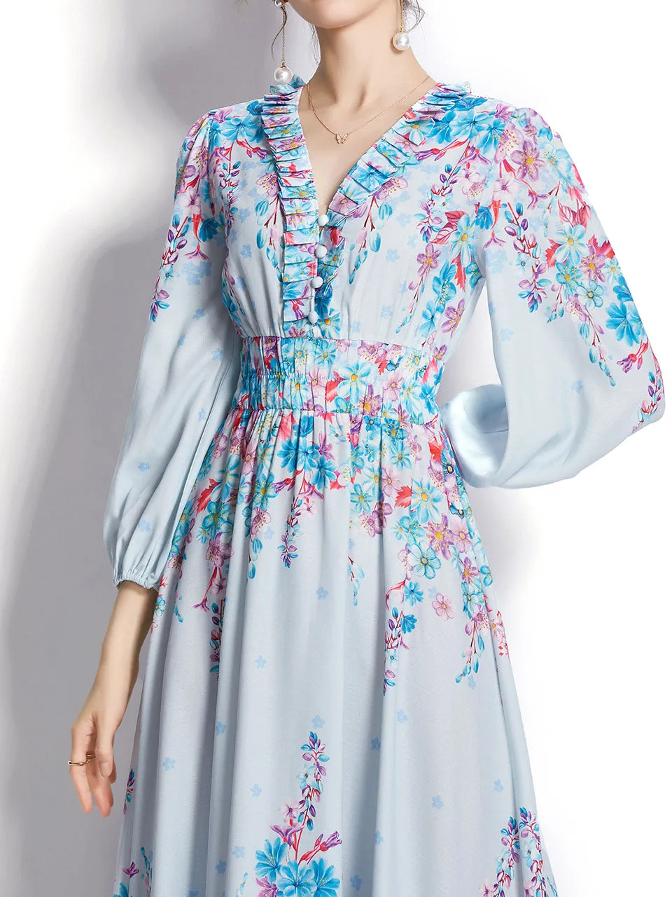 Blue V Neck Floral Print Trumpet Sleeve Bohemian Dress Maxi Dress