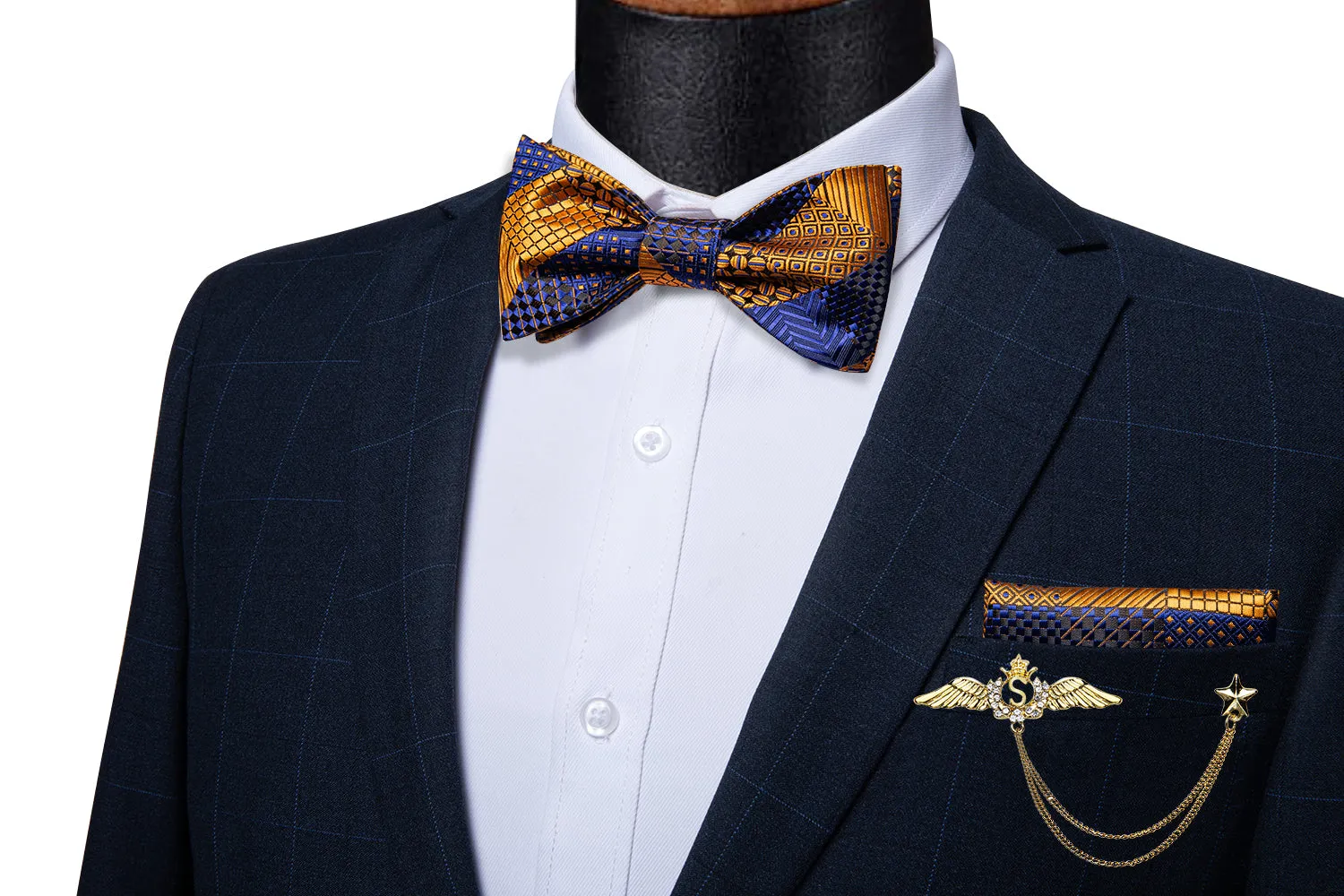 Blue Yellow Plaid Self-Bowtie Pocket Square Cufflinks With Wing Lapel Pin Brooch