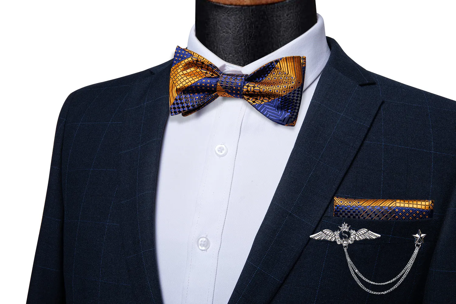 Blue Yellow Plaid Self-Bowtie Pocket Square Cufflinks With Wing Lapel Pin Brooch