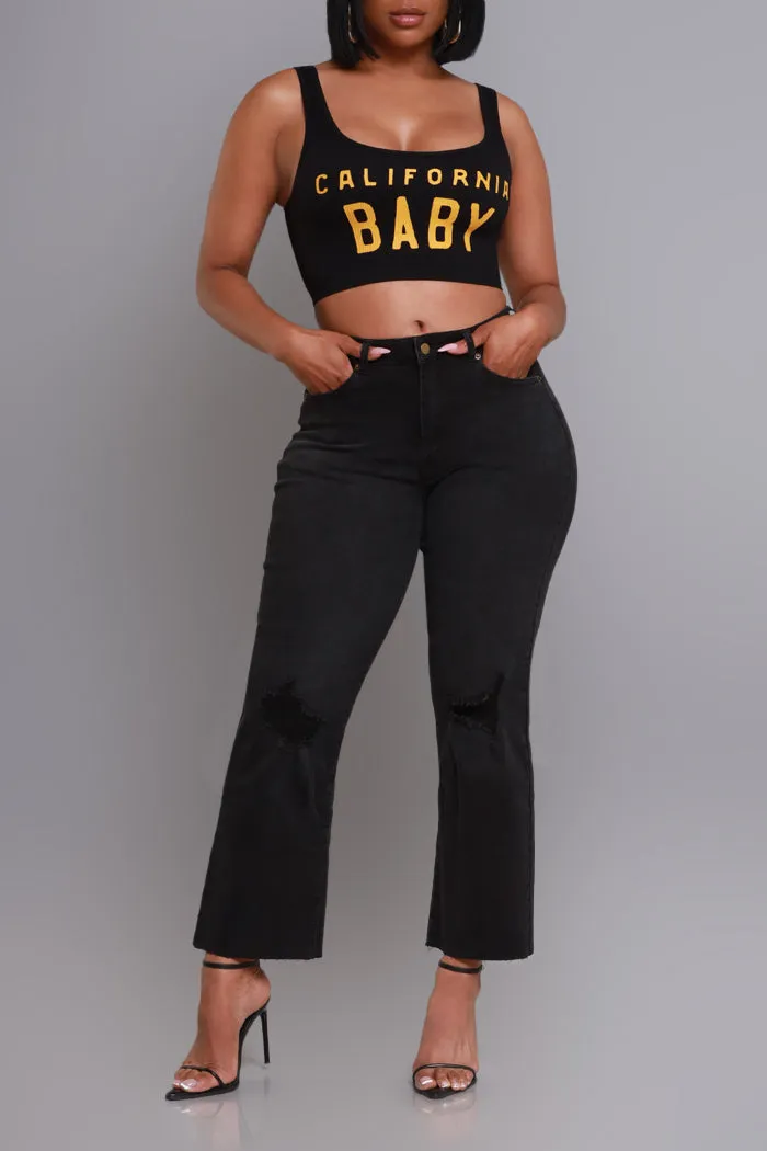 Cali Baby Cropped Graphic Tank Top - Black