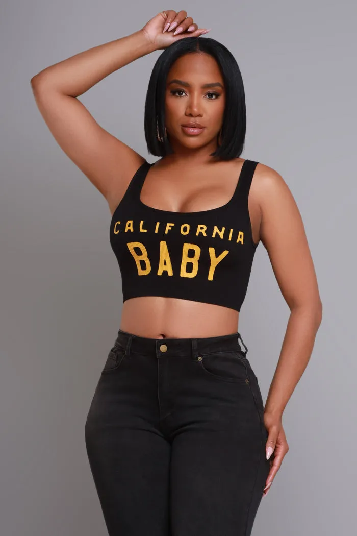 Cali Baby Cropped Graphic Tank Top - Black