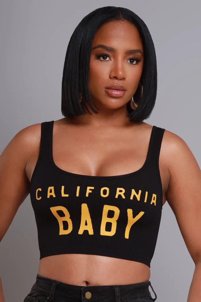 Cali Baby Cropped Graphic Tank Top - Black