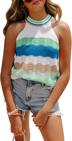 Dellytop Womens Halter Neck Sweater Vest Color Block Sleeveless Loose Knit Tank Top