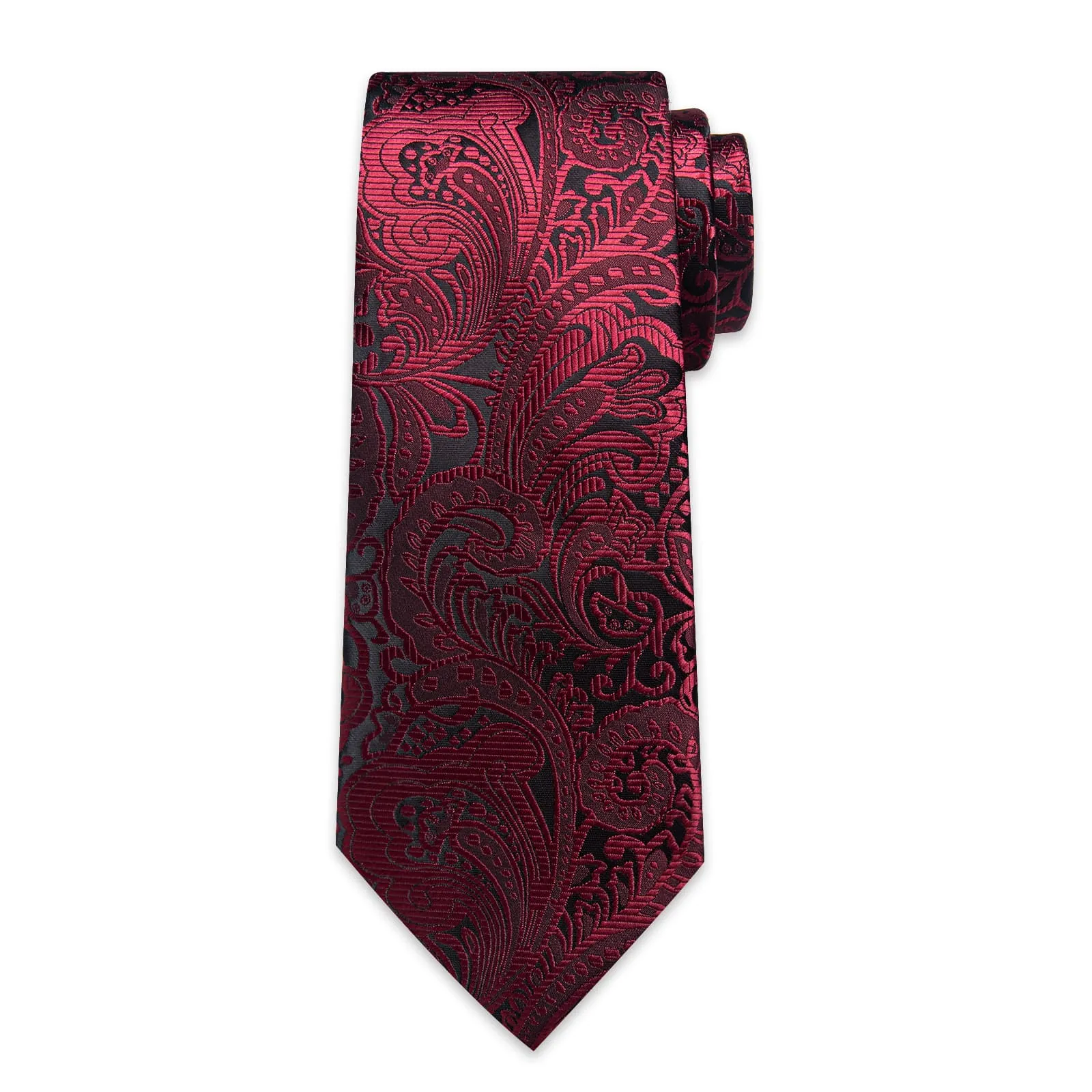 DiBanGu Dress Tie Dark Red Floral Mens Silk Business Work Tie Handkerchief Cufflinks Set